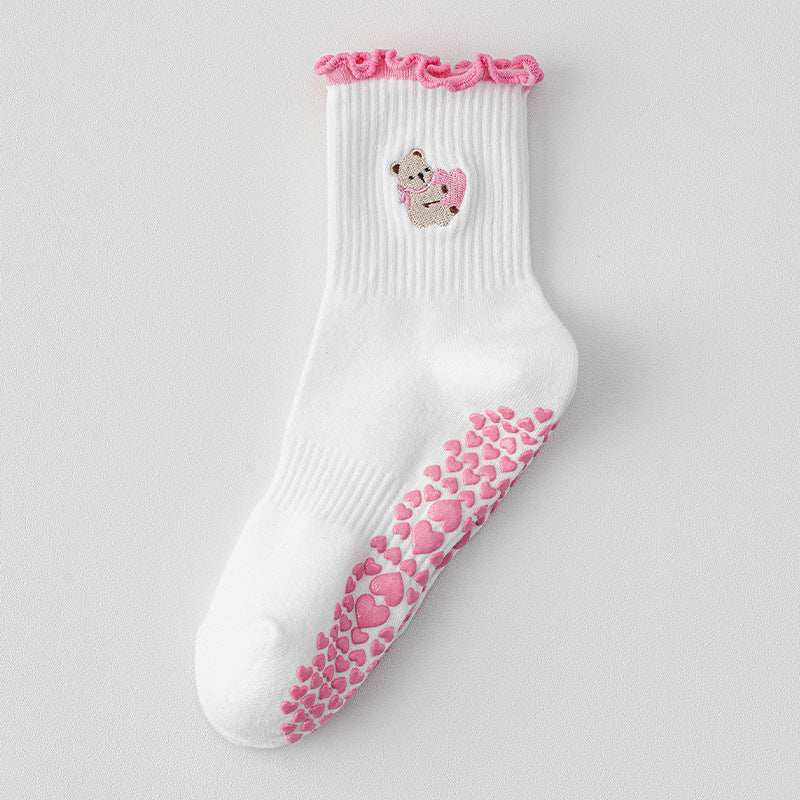 Hugging Bear Embroidered Ribbed Grip Socks - Pink_R