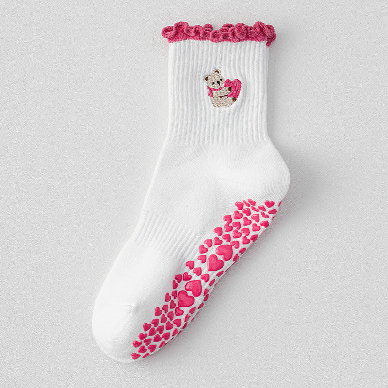 Hugging Bear Embroidered Ribbed Grip Socks - Rose_R