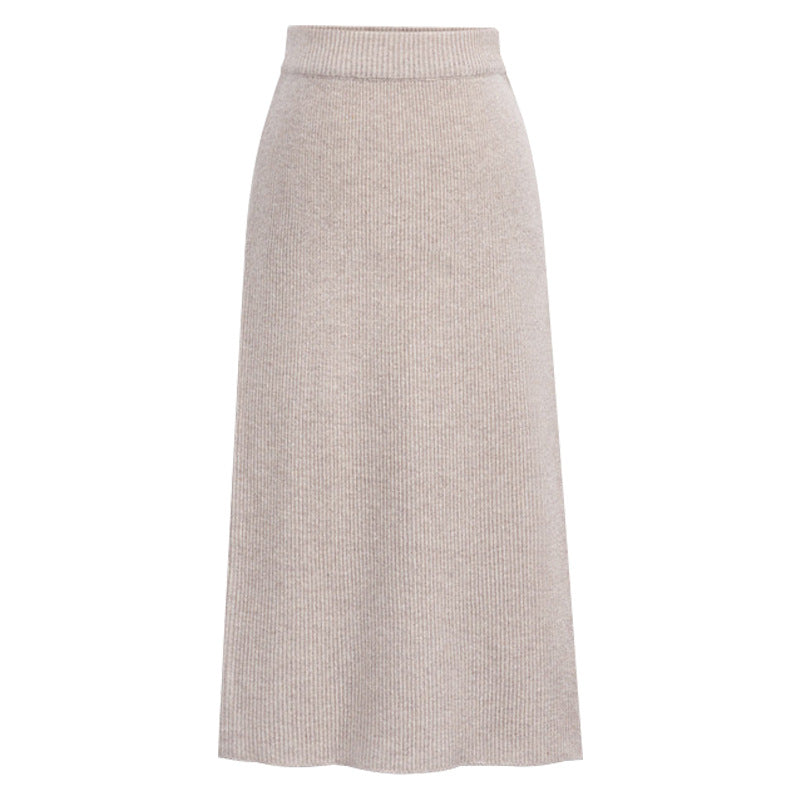 Ribbed Knit Midi Skirt With Back Slit - Apricot