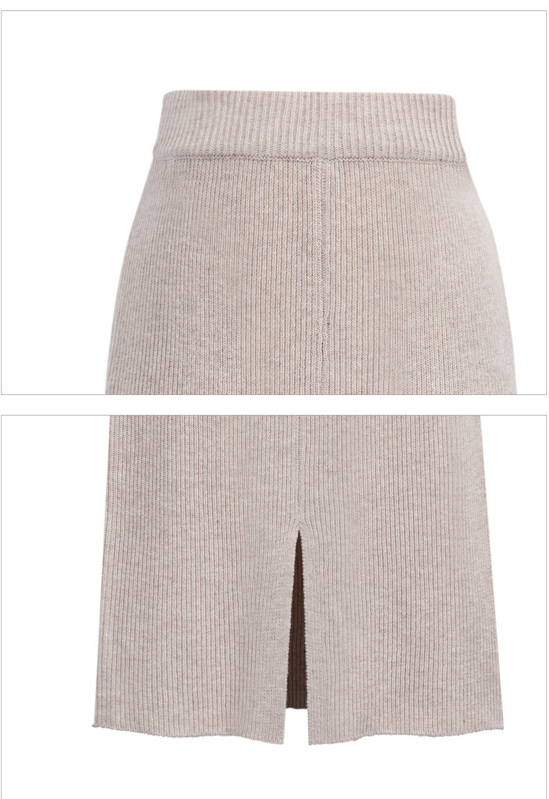Ribbed Knit Midi Skirt With Back Slit - Apricot - 1