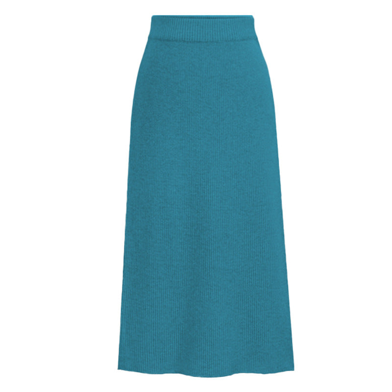 Ribbed Knit Midi Skirt With Back Slit - Blue