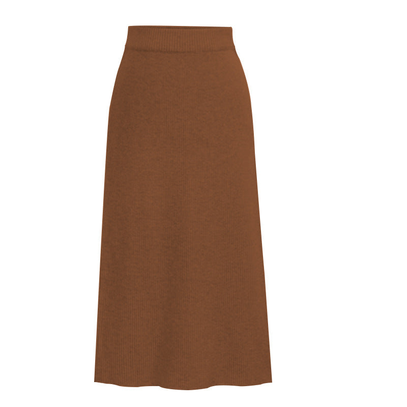 Ribbed Knit Midi Skirt With Back Slit - Caramel
