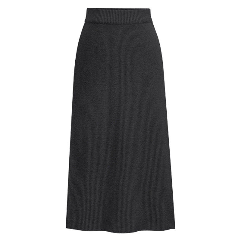 Ribbed Knit Midi Skirt With Back Slit - Darkgrey
