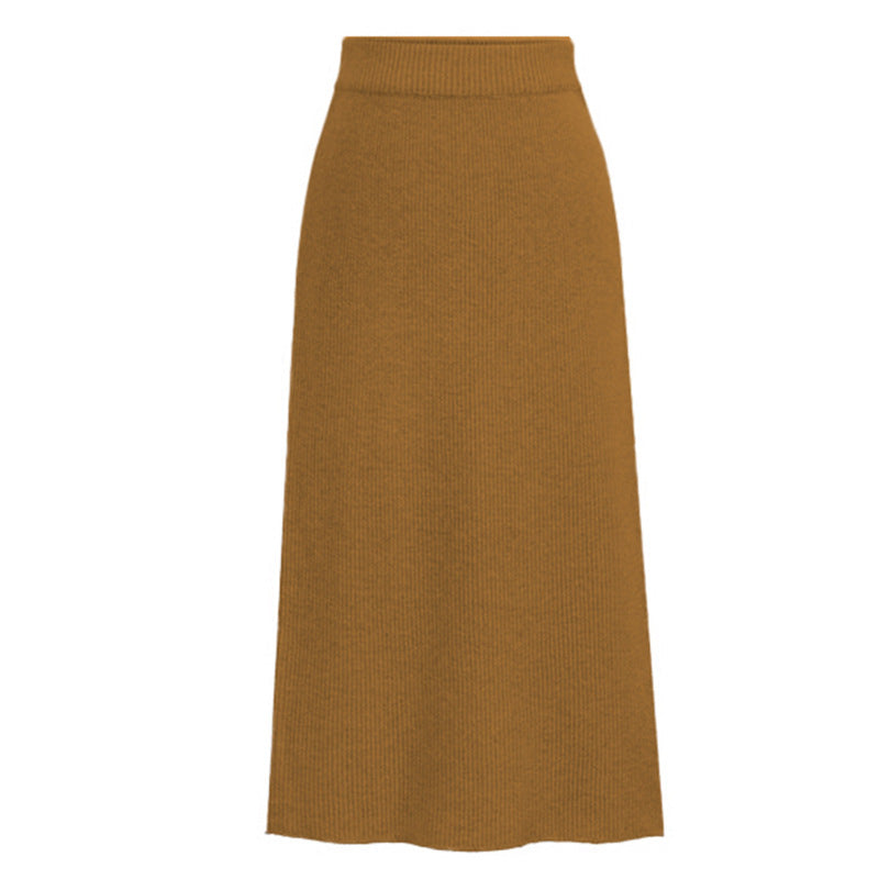 Ribbed Knit Midi Skirt With Back Slit - Ginger