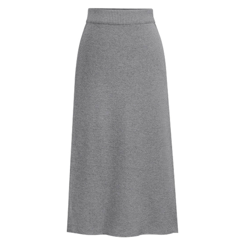 Ribbed Knit Midi Skirt With Back Slit - Grey