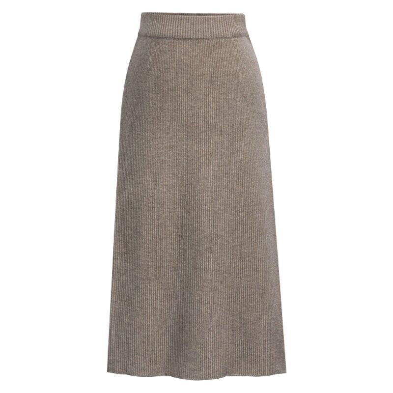 Ribbed Knit Midi Skirt With Back Slit - Khaki