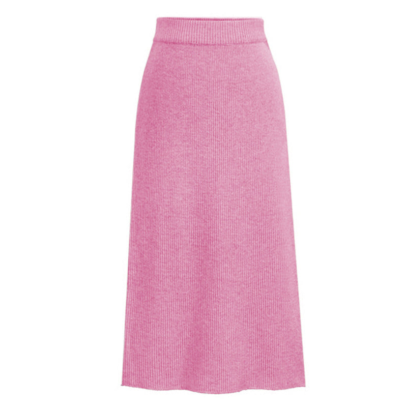 Ribbed Knit Midi Skirt With Back Slit - Lightpink