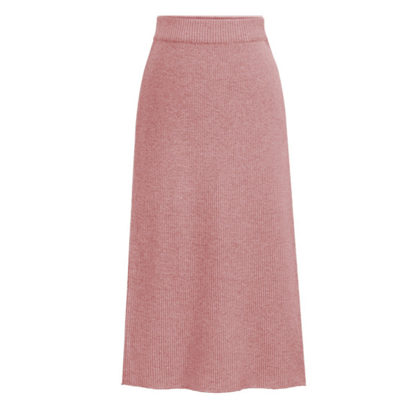 Ribbed Knit Midi Skirt With Back Slit - Pink