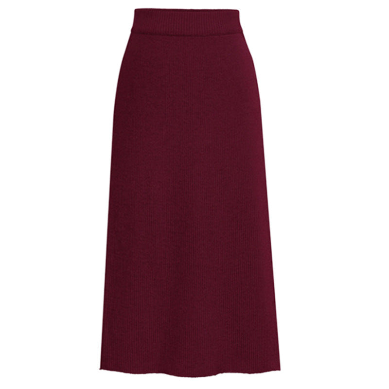 Ribbed Knit Midi Skirt With Back Slit - Winered