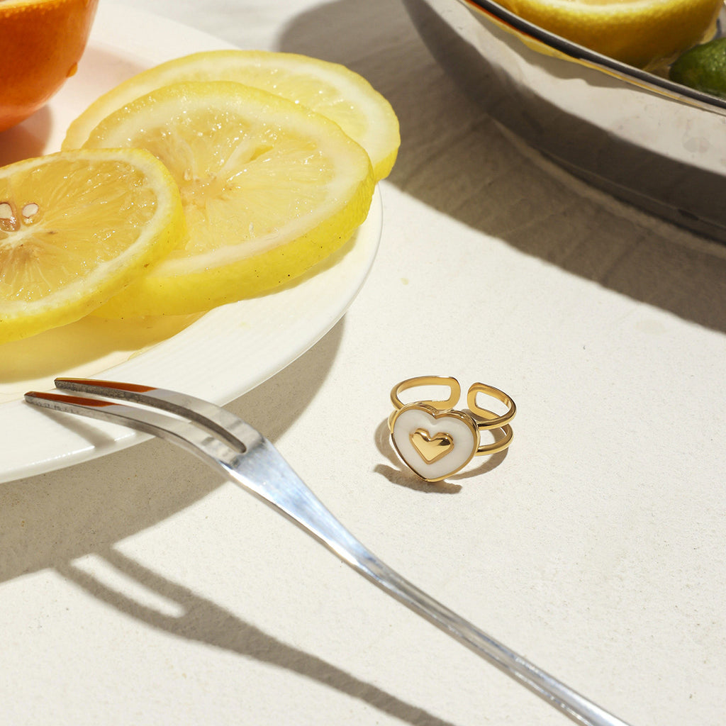 Enamel Heart Double Band Open Ring - Gold - 1