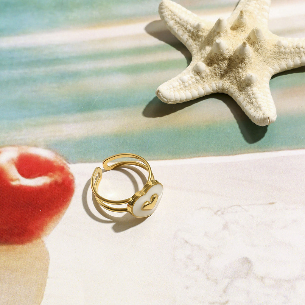 Enamel Heart Double Band Open Ring - Gold - 4