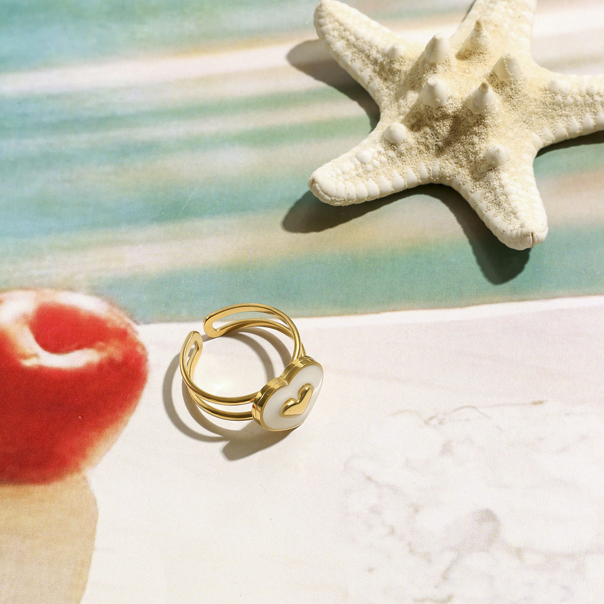 Enamel Heart Double Band Open Ring - Gold - 4