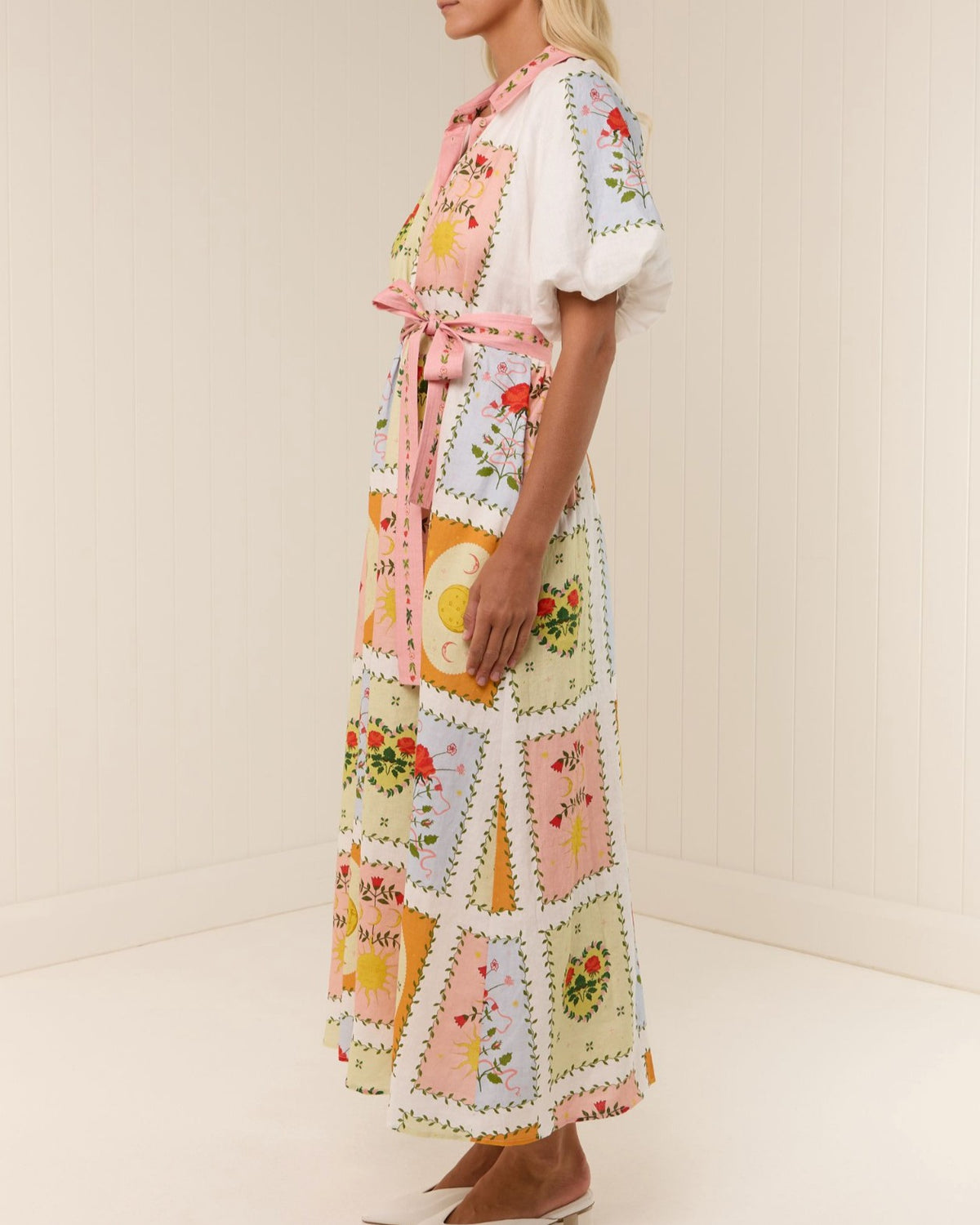 Patchwork Tile Print Tie Waist Maxi Dress - Decor