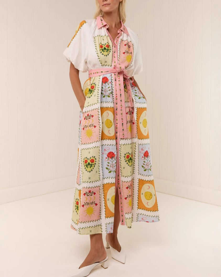 Patchwork Tile Print Tie Waist Maxi Dress - Decor - 1