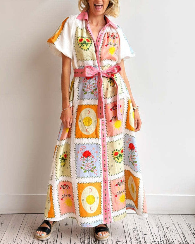 Patchwork Tile Print Tie Waist Maxi Dress - Decor - 2