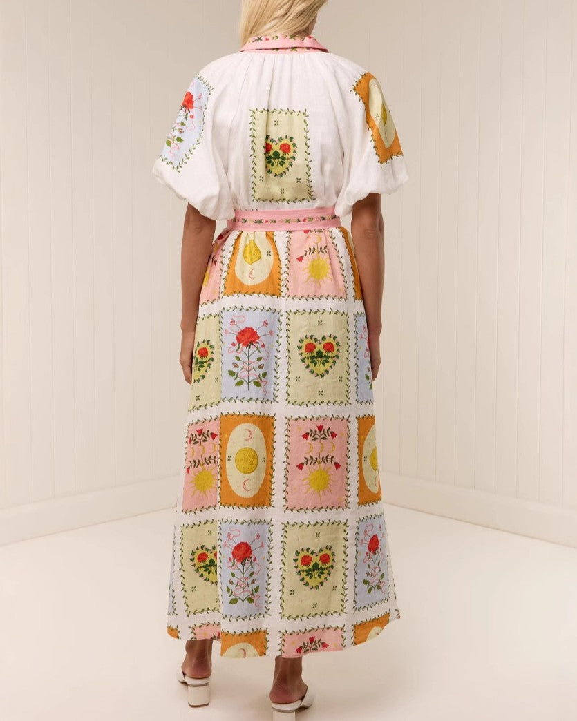 Patchwork Tile Print Tie Waist Maxi Dress - Decor - 3