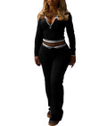 Striped Trim Half Zip Crop Flare Workout Set - Black