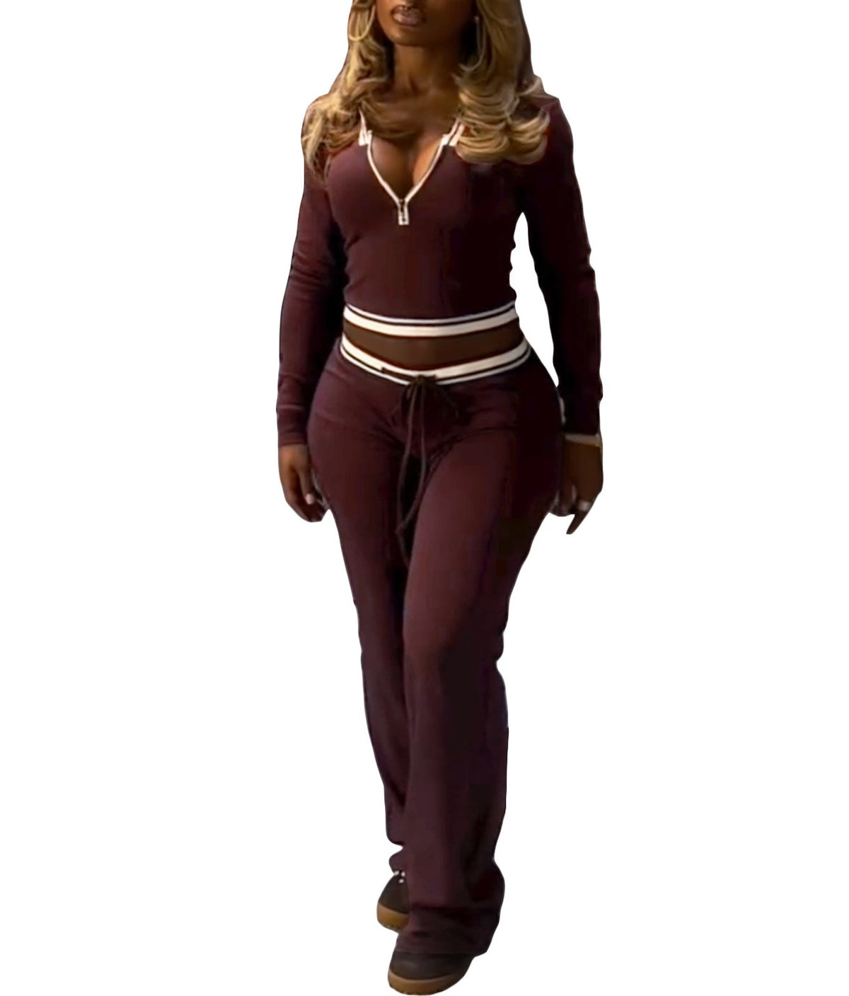 Striped Trim Half Zip Crop Flare Workout Set - Burgundy