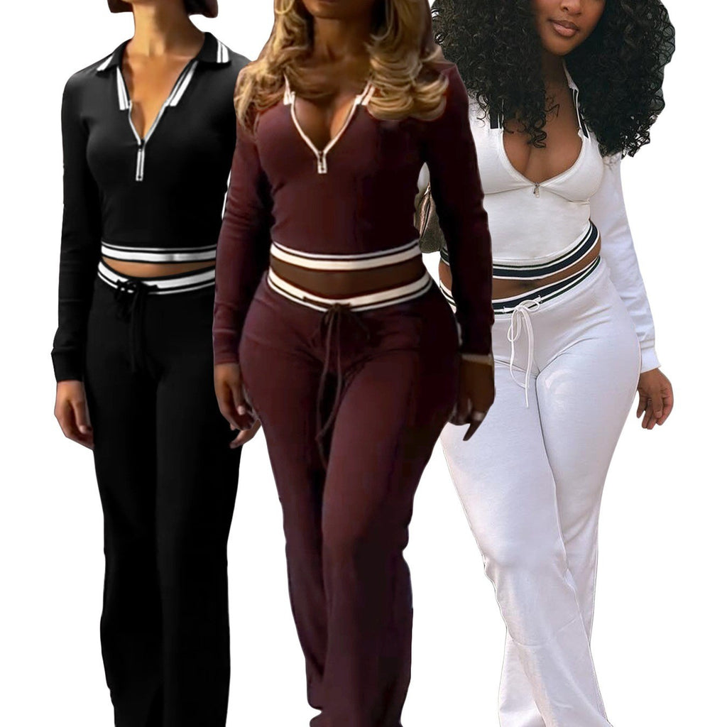 Striped Trim Half Zip Crop Flare Workout Set