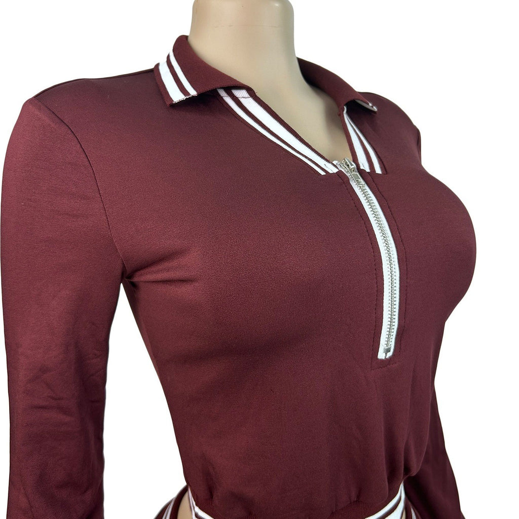 Striped Trim Half Zip Crop Flare Workout Set