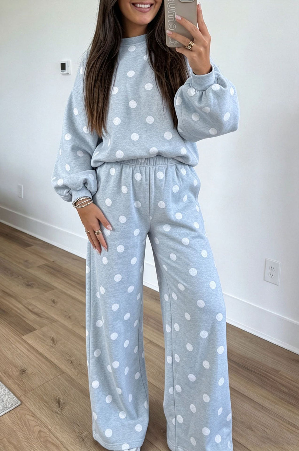 Polka Dot Balloon Sleeve Wide Leg Pant Set - Blue
