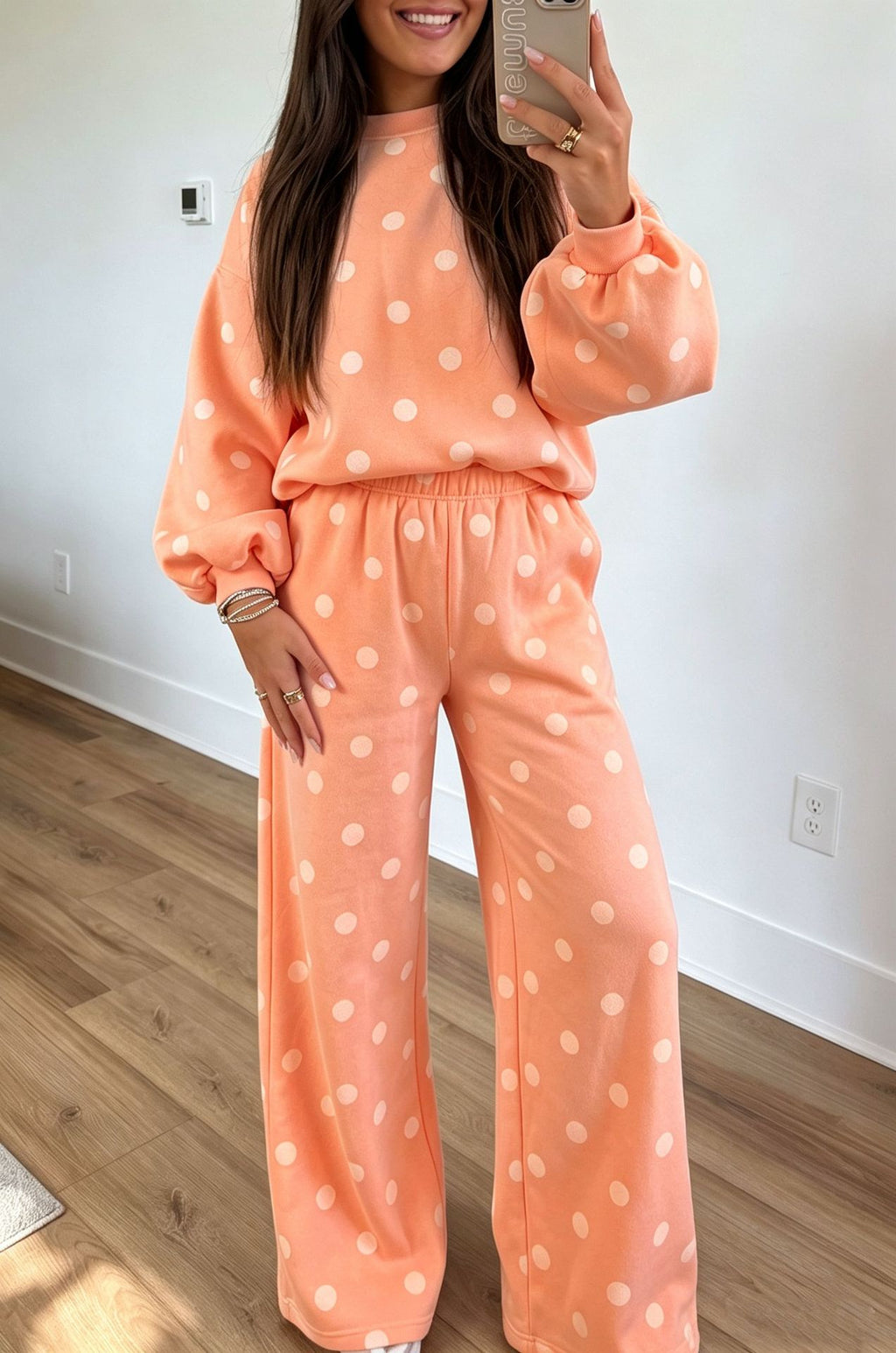 Polka Dot Balloon Sleeve Wide Leg Pant Set - Coral