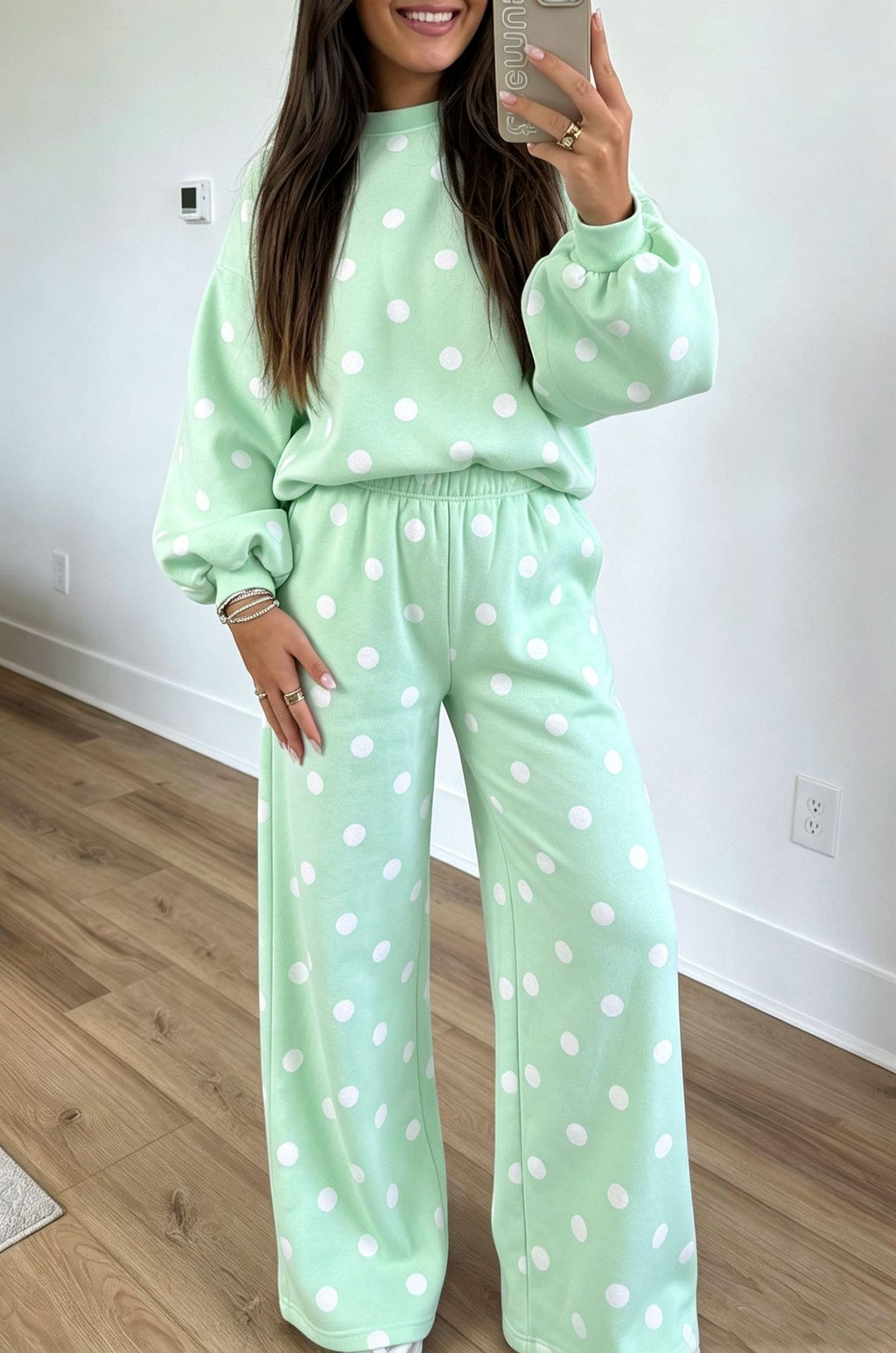 Polka Dot Balloon Sleeve Wide Leg Pant Set - Green