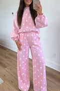 Polka Dot Balloon Sleeve Wide Leg Pant Set - Pink