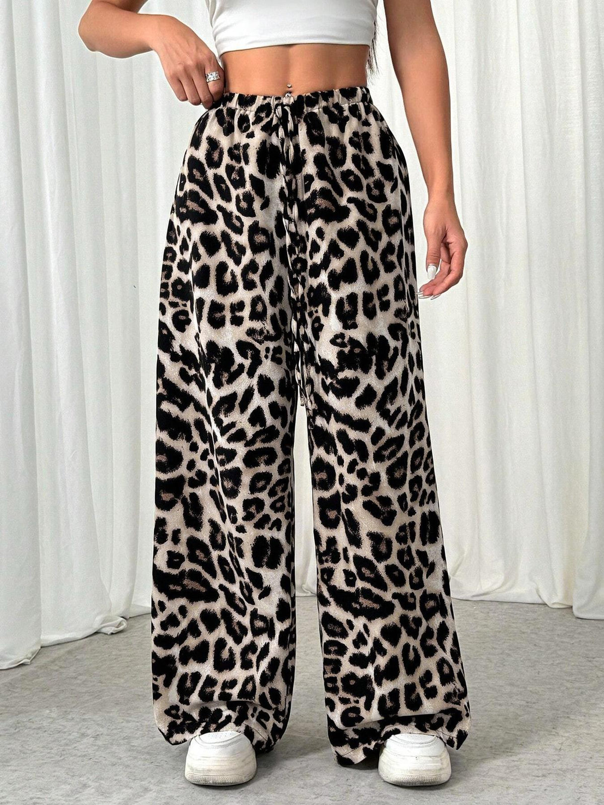 Leopard Print Palazzo Pants With Drawstring Waist - Begie