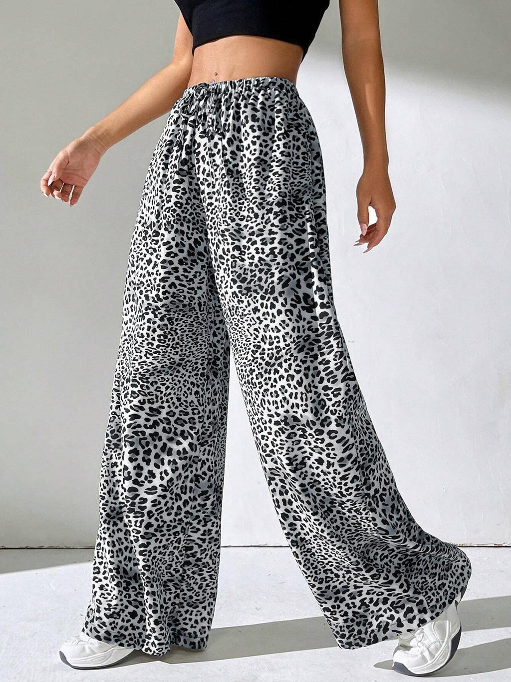 Leopard Print Palazzo Pants With Drawstring Waist - Black - 1