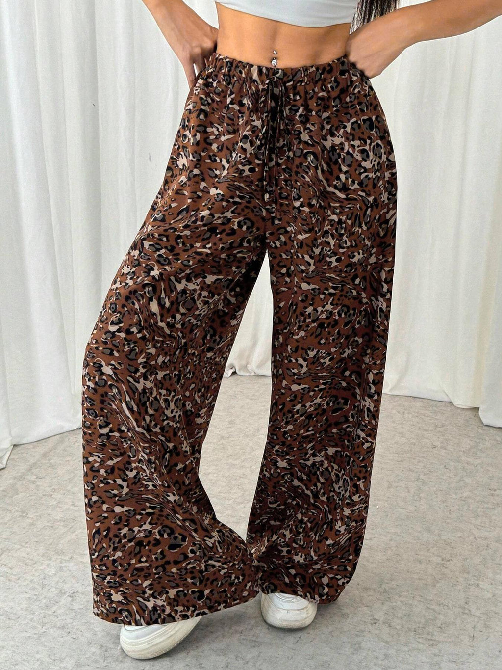 Leopard Print Palazzo Pants With Drawstring Waist - Brown