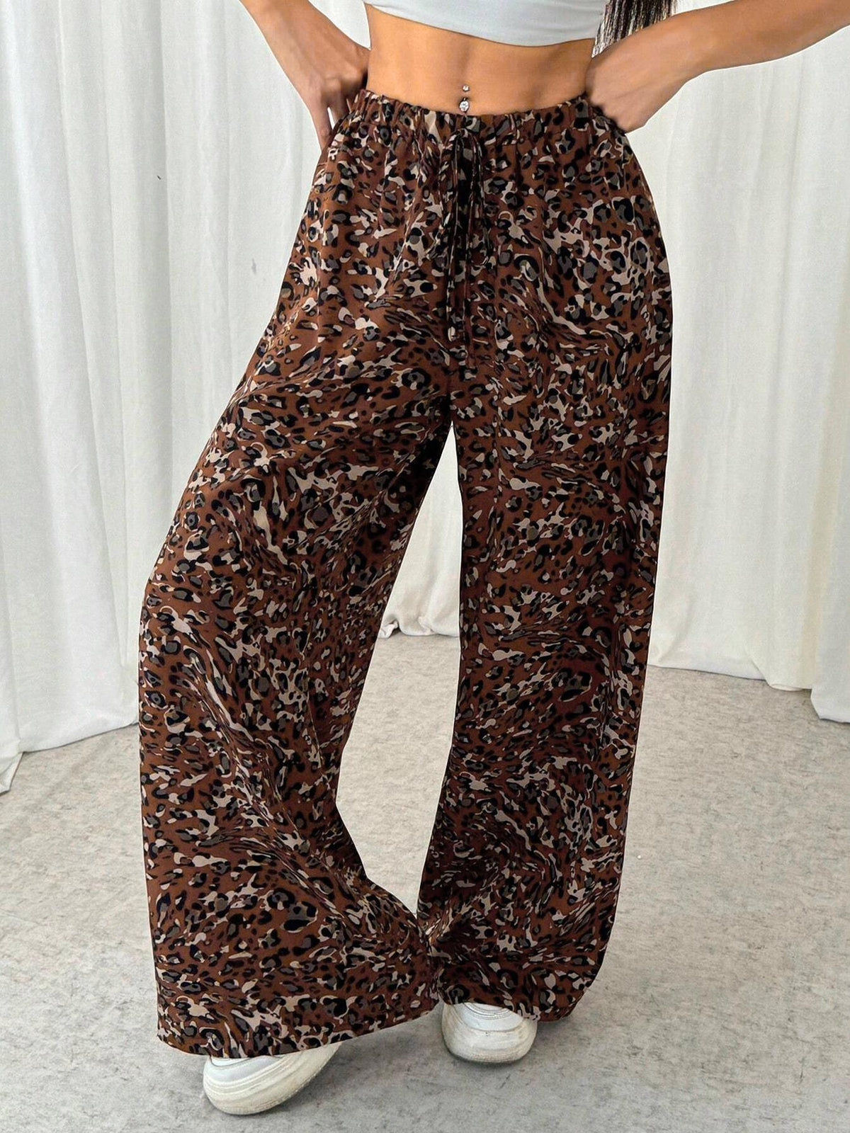 Leopard Print Palazzo Pants With Drawstring Waist - Brown