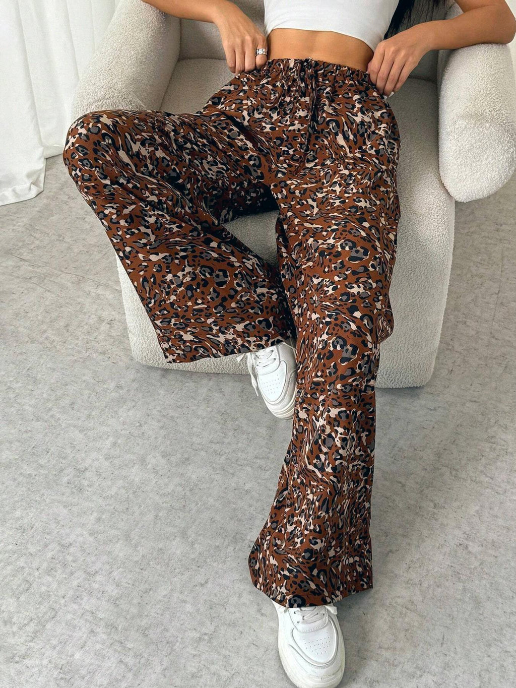 Leopard Print Palazzo Pants With Drawstring Waist - Brown - 2