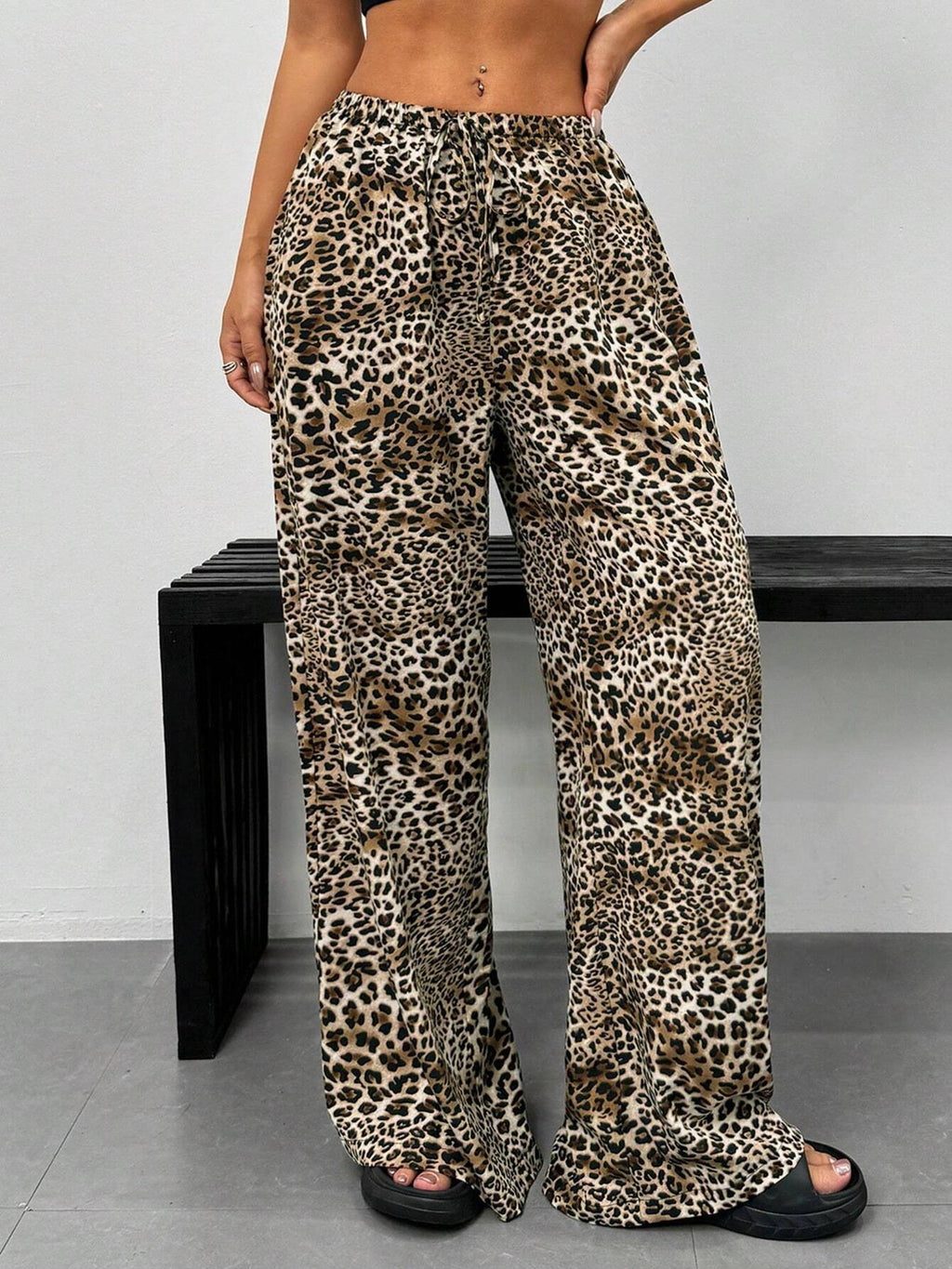 Leopard Print Palazzo Pants With Drawstring Waist - Decor