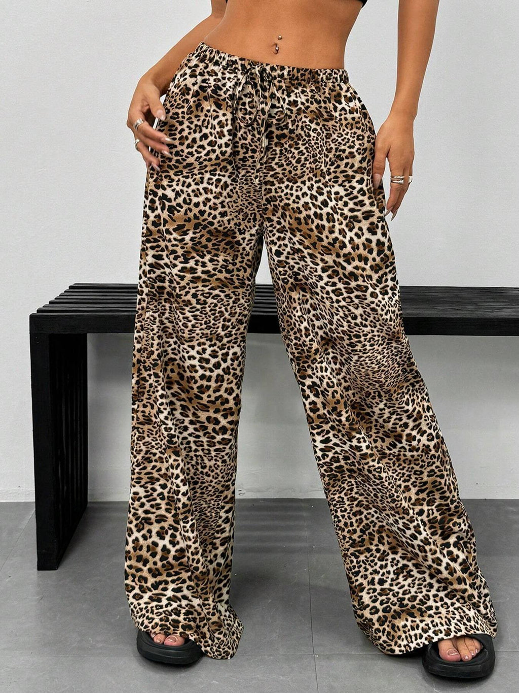Leopard Print Palazzo Pants With Drawstring Waist - Decor - 2
