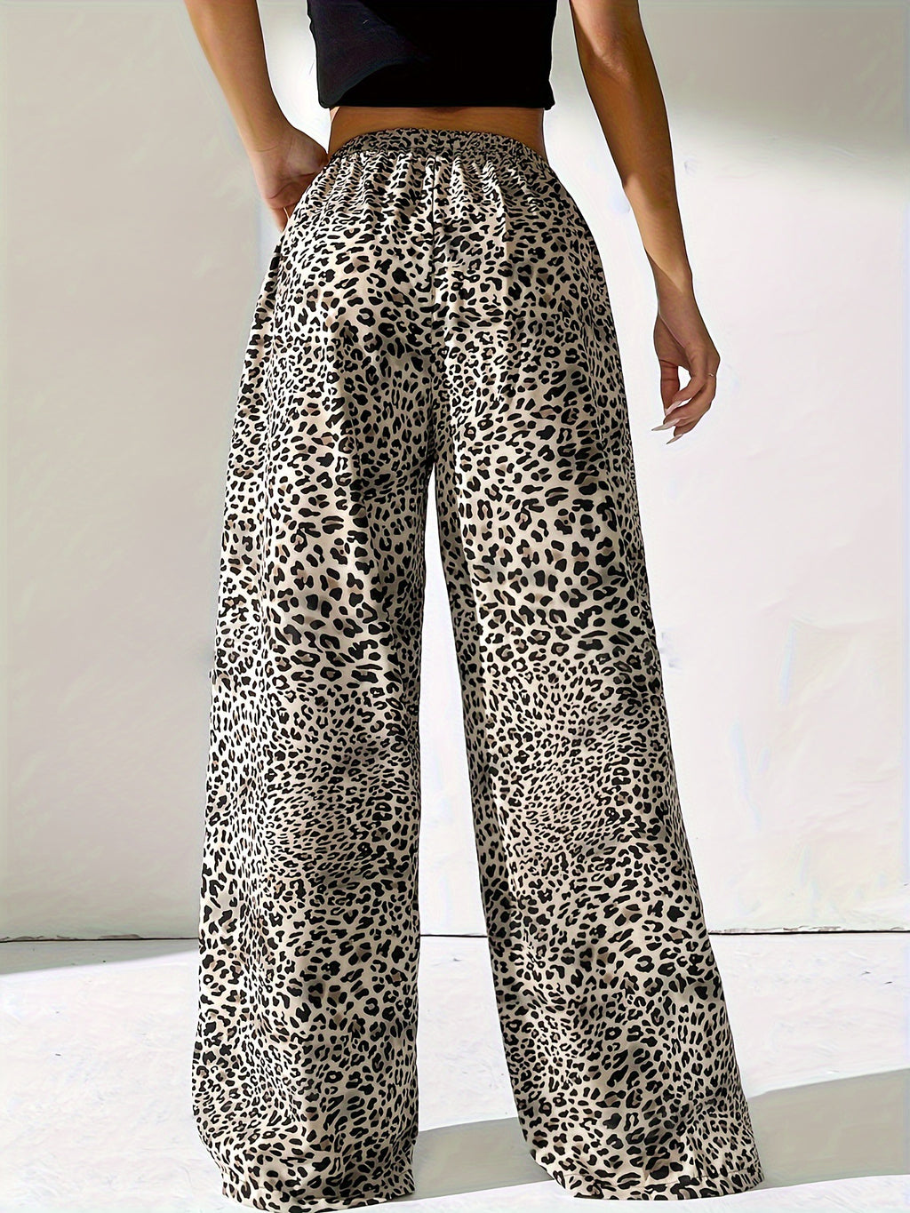 Leopard Print Palazzo Pants With Drawstring Waist - Khaki - 1