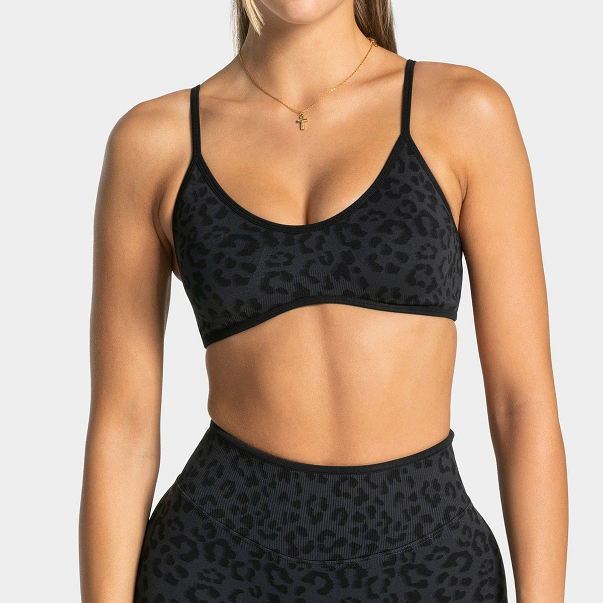 Leopard Print Seamless Contrast Trim Sports Bra - Black