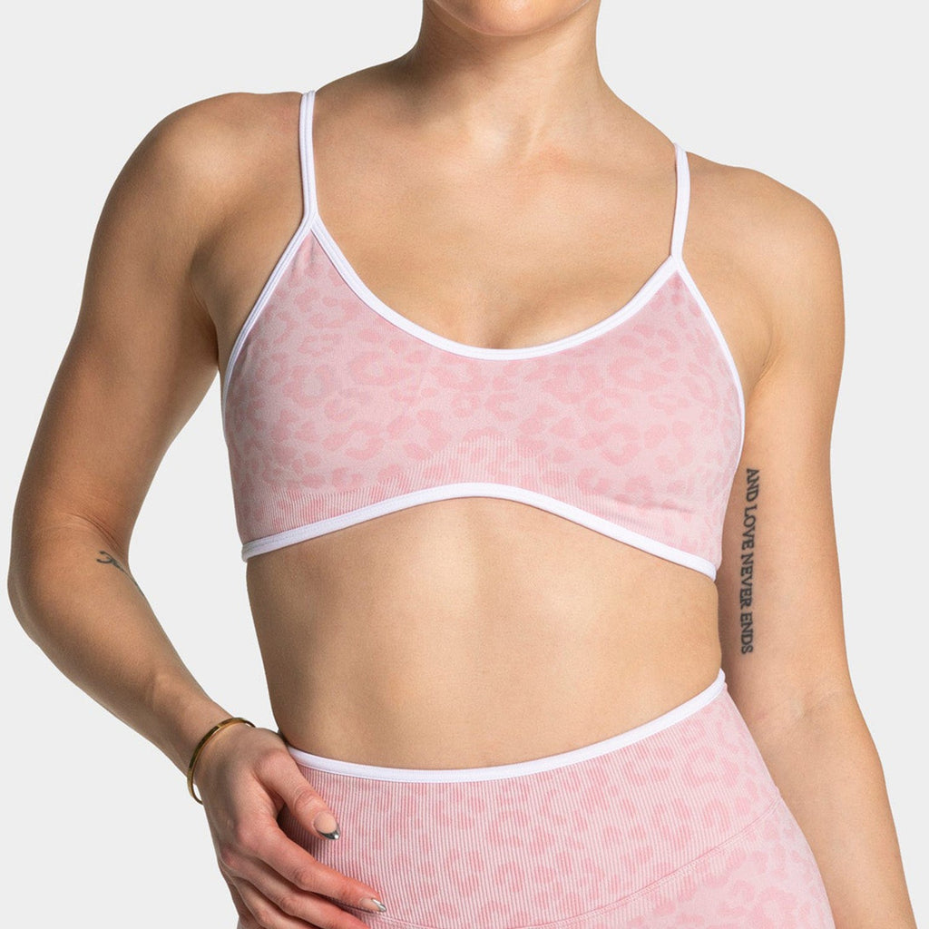 Leopard Print Seamless Contrast Trim Sports Bra - Pink