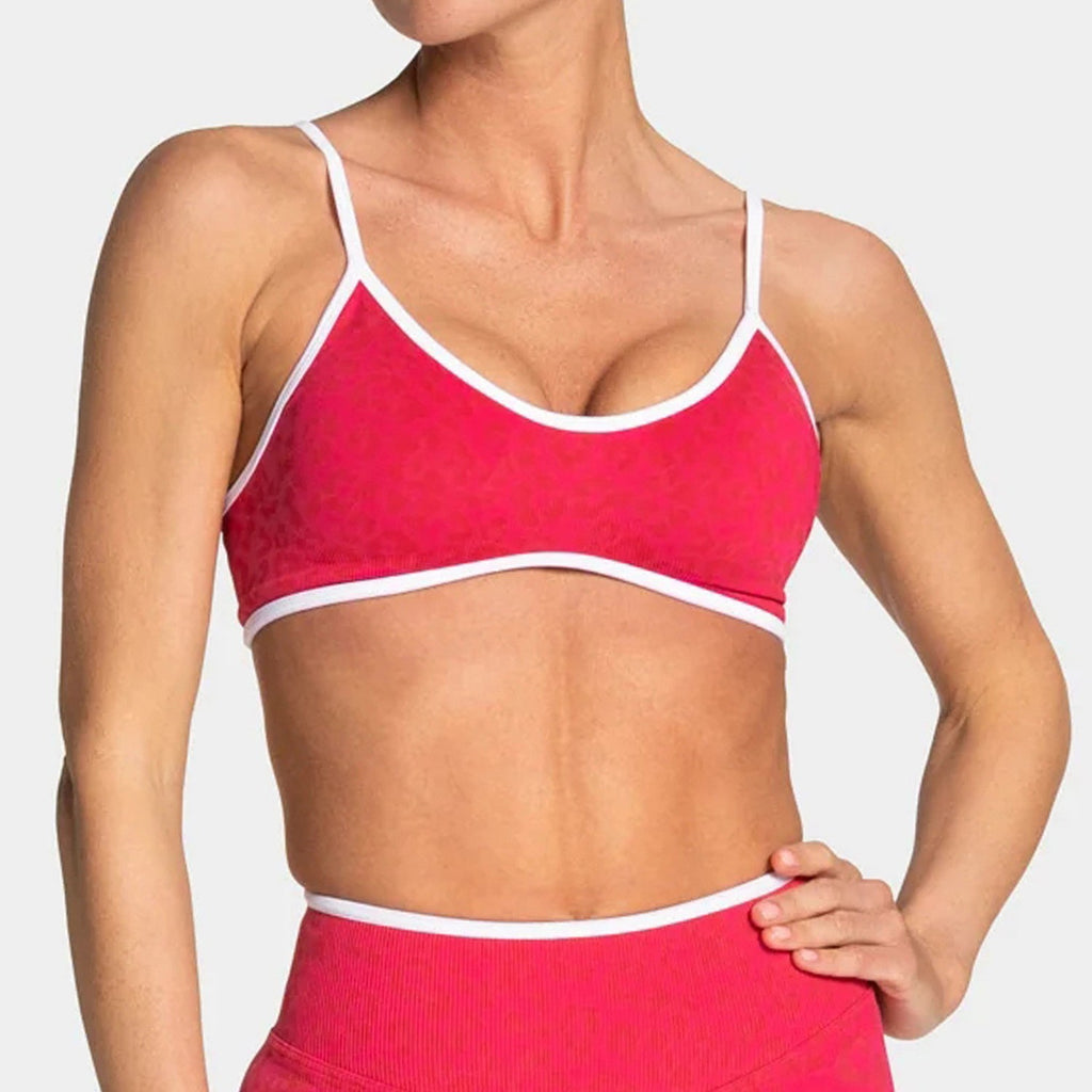 Leopard Print Seamless Contrast Trim Sports Bra - Raspberry
