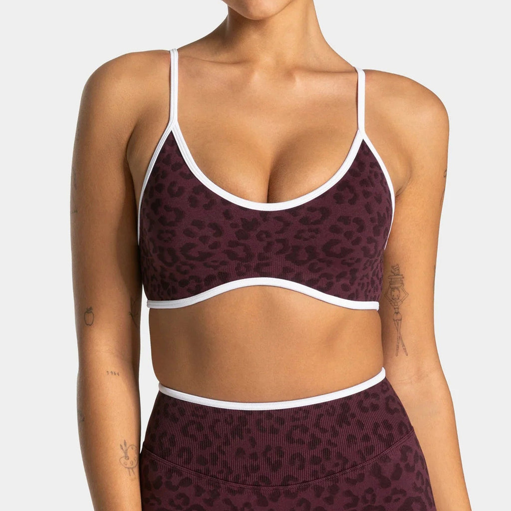 Leopard Print Seamless Contrast Trim Sports Bra - Wine