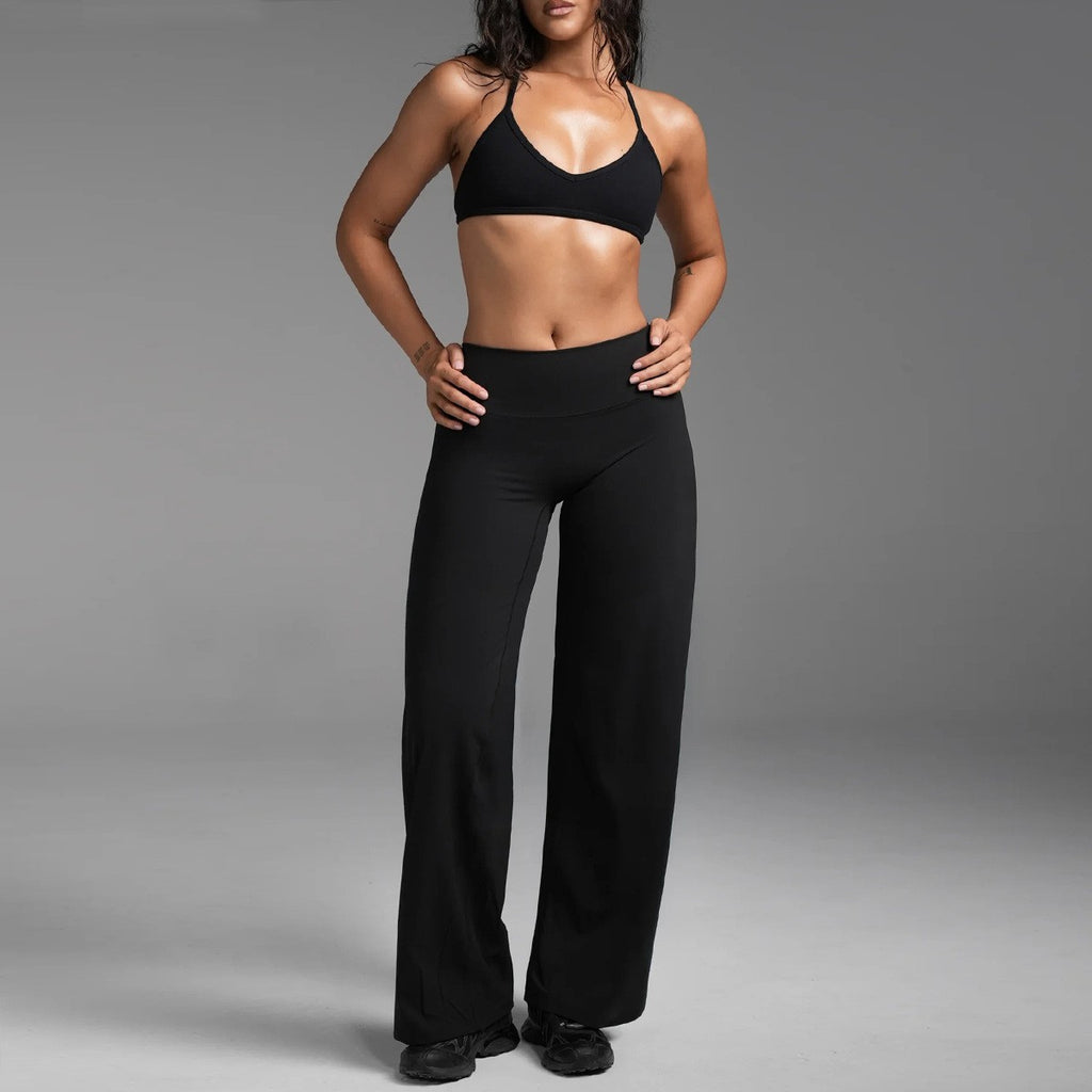 Halter Triangle Bra and Straight Leg Yoga Pants Set - Black