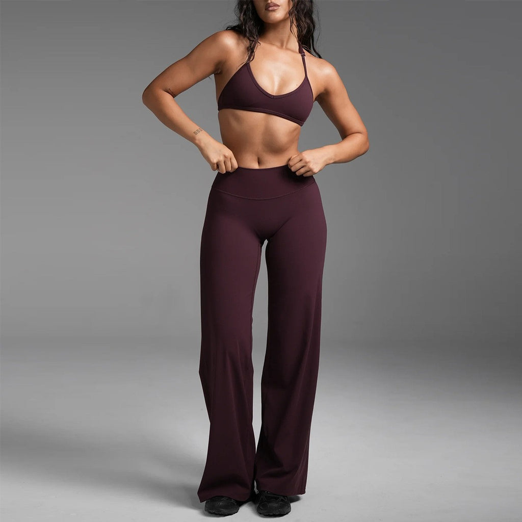 Halter Triangle Bra and Straight Leg Yoga Pants Set - Burgundy