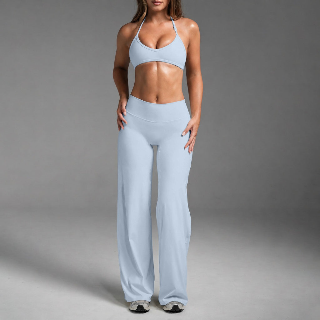 Halter Triangle Bra and Straight Leg Yoga Pants Set - Mist Blue