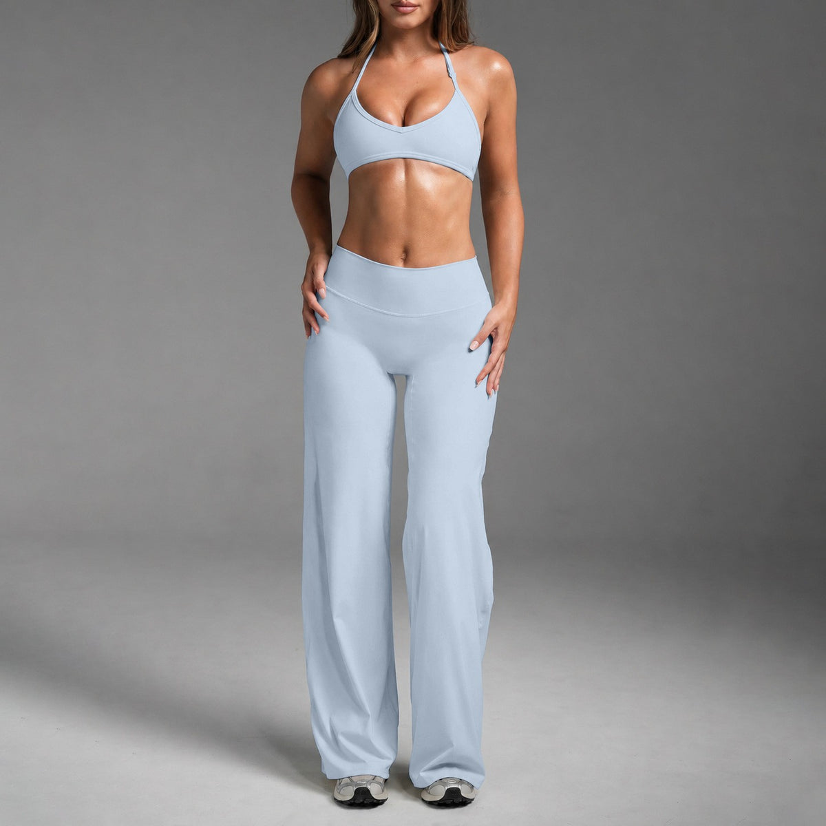 Halter Triangle Bra and Straight Leg Yoga Pants Set - Mist Blue