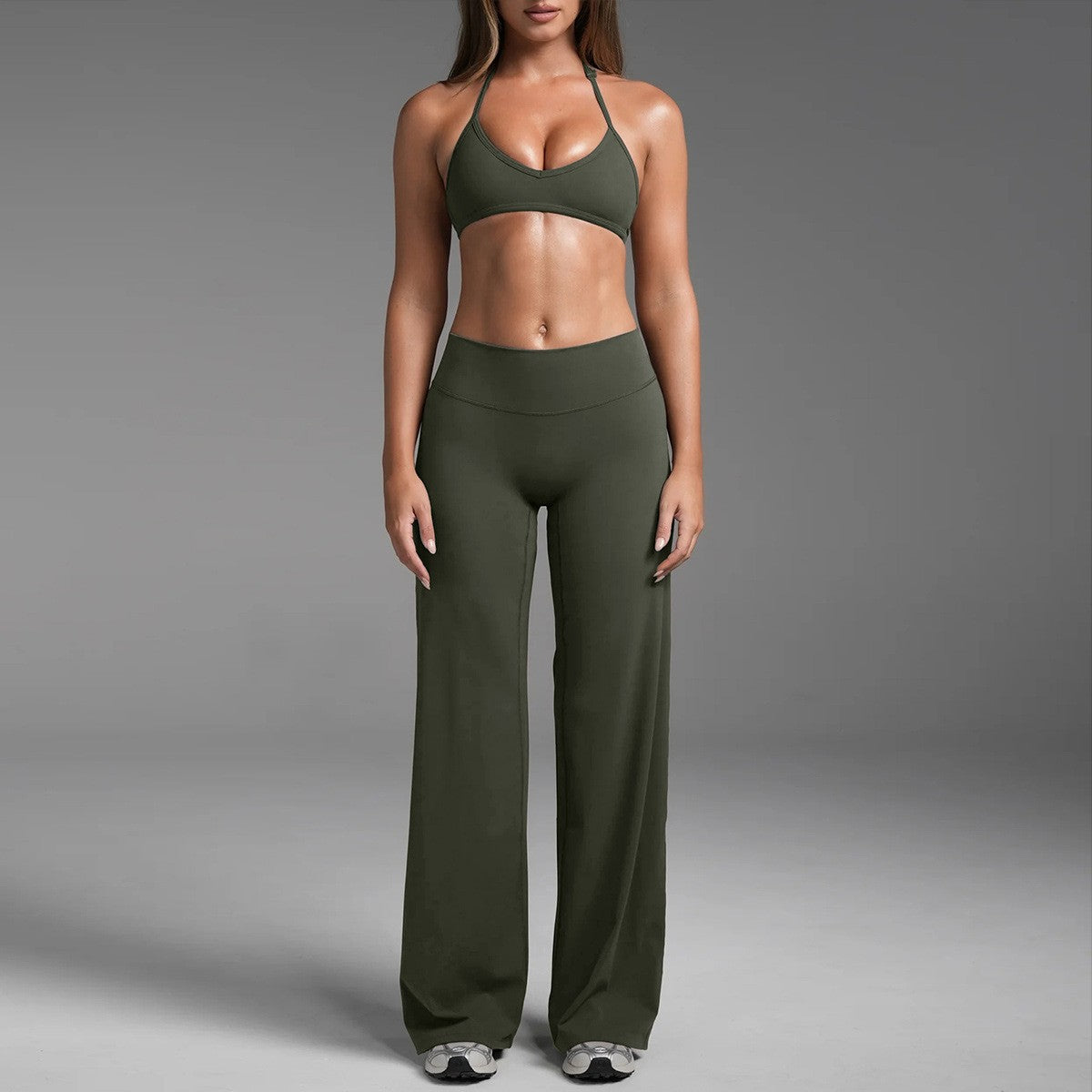Halter Triangle Bra and Straight Leg Yoga Pants Set - Olive