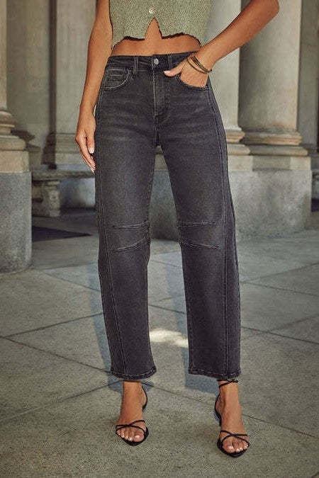 High Waist Washed Barrel Leg Jeans - Black