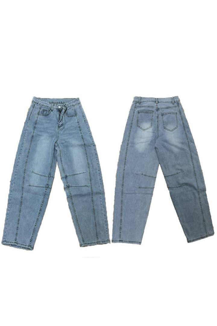High Waist Washed Barrel Leg Jeans - Lightblue