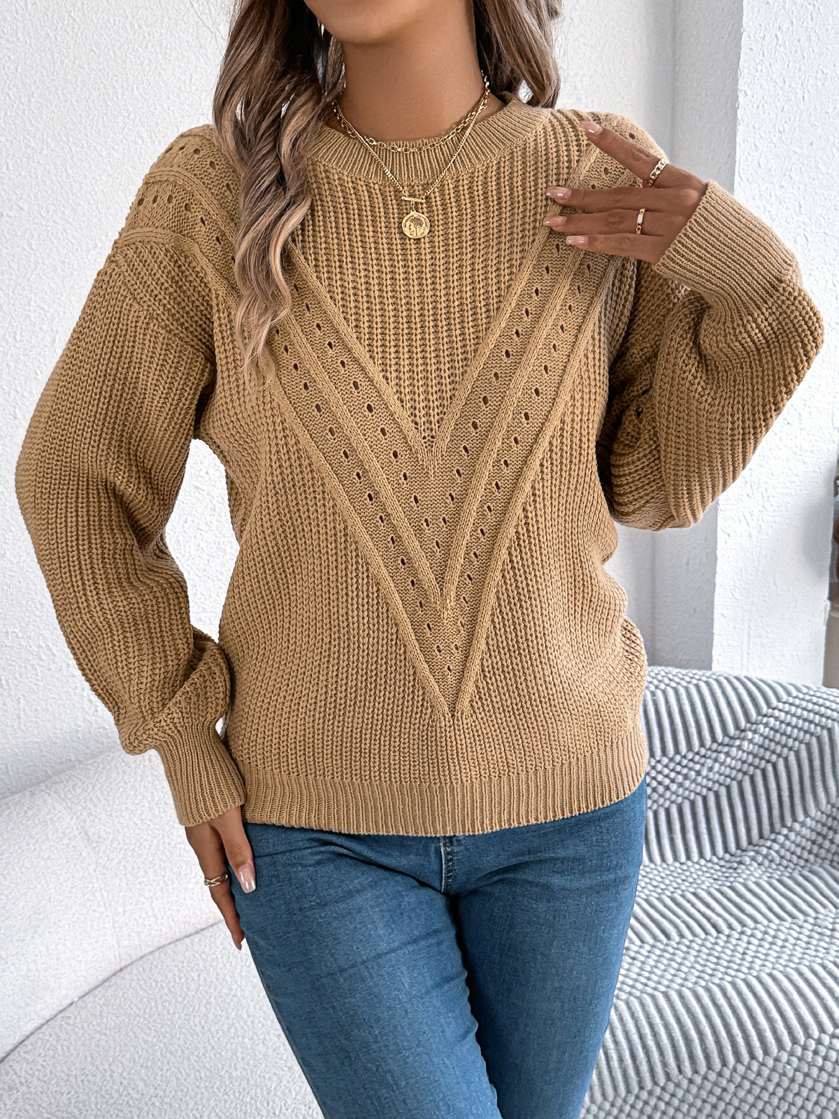 Pointelle Chevron Crewneck Knit Pullover - Khaki