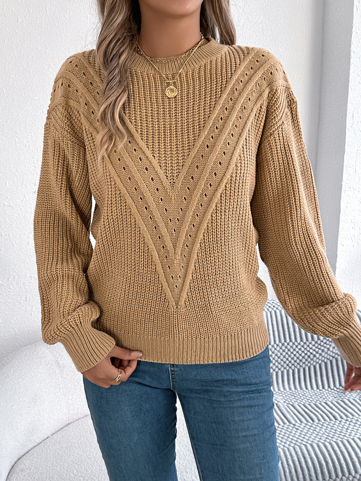 Pointelle Chevron Crewneck Knit Pullover - Khaki - 1