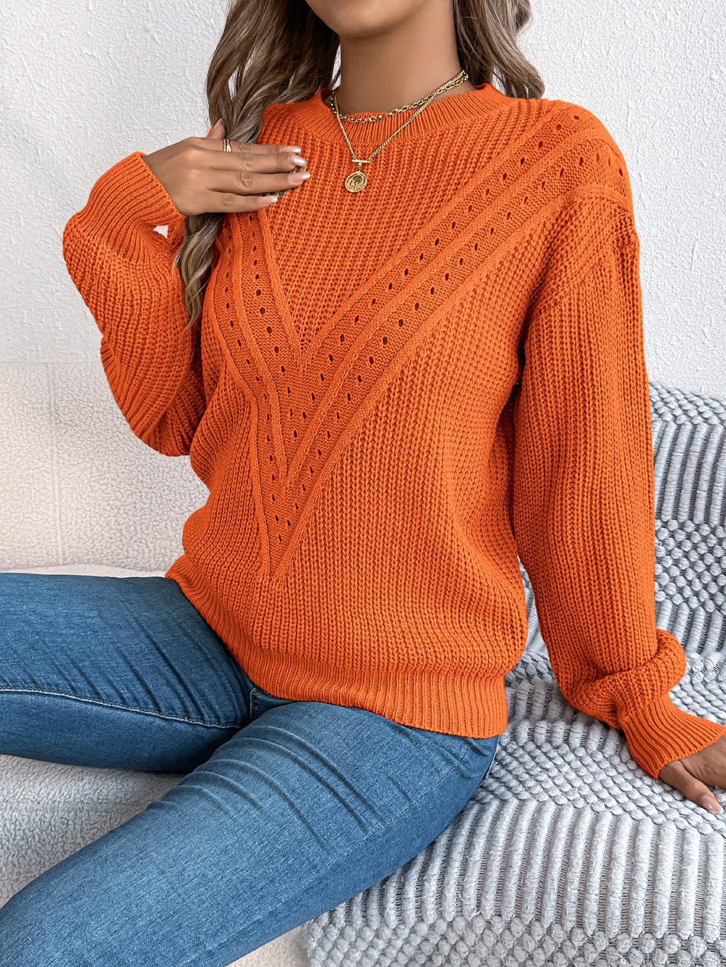 Pointelle Chevron Crewneck Knit Pullover - Orange